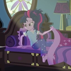 Size: 534x534 | Tagged: safe, screencap, sci-twi, twilight sparkle, equestria girls, g4, monday blues, my little pony equestria girls: summertime shorts, barefoot, bed, clothes, cute, feet, female, lidded eyes, messy hair, pajamas, smiling, solo, twiabetes