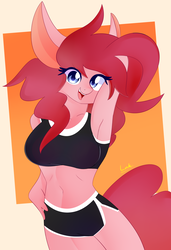 Size: 1331x1944 | Tagged: safe, artist:blazeweedm9, pinkie pie, earth pony, anthro, g4, armpits, belly button, clothes, female, impossibly large ears, midriff, shorts, solo, sports bra
