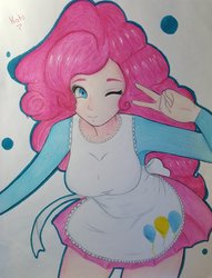Size: 919x1200 | Tagged: safe, artist:katoartoreo, pinkie pie, human, g4, apron, clothes, cute, female, humanized, moe, one eye closed, pleated skirt, shirt, skirt, solo, traditional art, wink