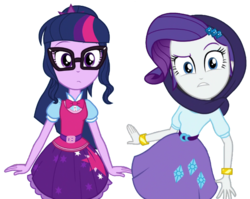 Size: 2048x1631 | Tagged: safe, artist:thebar, rarity, sci-twi, twilight sparkle, equestria girls, equestria girls specials, g4, my little pony equestria girls: dance magic, belt, bowtie, bracelet, clothes, cute, duo, female, gem, glasses, jewelry, looking at you, ponytail, shawl, shirt, simple background, skirt, transparent background