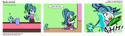 Size: 3574x1050 | Tagged: safe, artist:tenebris-funduction, sonata dusk, oc, oc:penora melody, comic:bedazzled, equestria girls, g4, comic, duo, super soaker, watergun