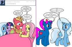 Size: 1204x800 | Tagged: safe, artist:dekomaru, big macintosh, fluttershy, trixie, twilight sparkle, oc, oc:apple blossom, pony, tumblr:ask twixie, g4, ask, baby, baby pony, comic, female, flutterhigh, high, lesbian, male, misspelling, offspring, parent:big macintosh, parent:fluttershy, parents:fluttermac, ship:fluttermac, ship:twixie, shipping, straight, tumblr