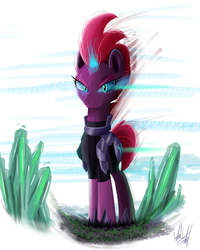 Size: 1278x1600 | Tagged: safe, artist:fuzon-s, tempest shadow, pony, unicorn, g4, my little pony: the movie, armor, broken horn, eye scar, female, glowing horn, horn, looking at you, mare, scar, solo, standing