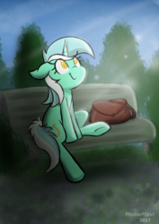 Size: 2480x3507 | Tagged: dead source, safe, artist:meowmavi, lyra heartstrings, pony, unicorn, g4, bag, bench, crepuscular rays, female, high res, looking up, mare, no pupils, sitting, smiling, solo