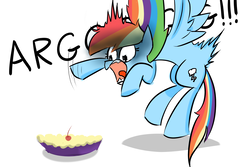 Size: 1500x1000 | Tagged: safe, artist:zouyugi, rainbow dash, pegasus, pony, female, food, mare, pie, scared, simple background, solo, that pony sure does hate pies