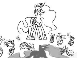 Size: 1152x864 | Tagged: safe, artist:bigrigs, princess celestia, princess luna, g4, food, grenade, pineapple, shadow