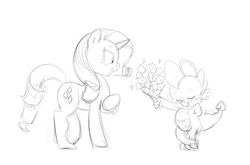 Size: 1138x750 | Tagged: safe, artist:carnifex, rarity, spike, dragon, pony, unicorn, g4, bouquet, female, male, mare, monochrome, ship:sparity, shipping, simple background, sketch, straight, white background