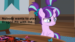 Size: 1280x720 | Tagged: safe, edit, edited screencap, screencap, starlight glimmer, g4, uncommon bond, board game, bronybait, dragon pit, female, filly, filly starlight glimmer, sad, solo, younger