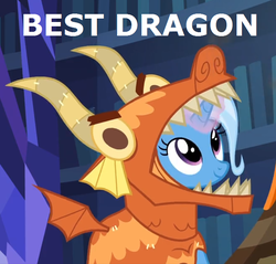 Size: 702x672 | Tagged: safe, edit, edited screencap, screencap, trixie, pony, unicorn, g4, uncommon bond, best dragon, clothes, costume, cropped, dragon costume, female, glowing horn, horn, mare, smiling, solo, text