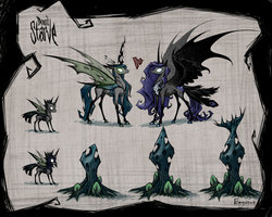 Size: 1024x819 | Tagged: safe, artist:begasus, nightmare moon, queen chrysalis, alicorn, changeling, changeling queen, pony, g4, bat wings, changeling guard, changeling officer, colored hooves, don't starve, female, glowing eyes, heart, hybrid wings, lesbian, mare, realistic horse legs, ship:chrysmoon, shipping, white eyes, wing claws