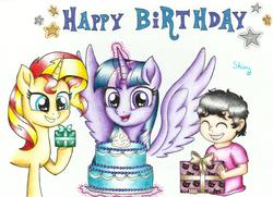 Size: 2367x1711 | Tagged: safe, artist:shinypteranodon, sunset shimmer, twilight sparkle, alicorn, human, unicorn, g4, happy birthday, twilight sparkle (alicorn)