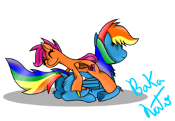 Size: 2278x1590 | Tagged: safe, artist:bakanato, rainbow dash, scootaloo, pegasus, pony, g4, butt, butt touch, duo, duo female, female, filly, hoof on butt, mare, plot, scootalove, simple background, sisters, transparent background