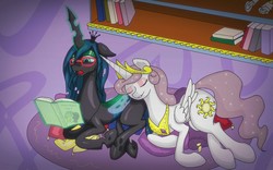 Size: 1280x800 | Tagged: safe, artist:kpyah, princess celestia, queen chrysalis, alicorn, changeling, changeling queen, pony, princess molestia, g4, an affliction of the heart, book, bookshelf, duo, eyes closed, female, glasses, glowing horn, horn, jewelry, magic, open mouth, reading, regalia, russian, smiling, telekinesis, translated in the description