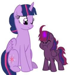 Size: 1024x1094 | Tagged: safe, artist:kpeacock03, twilight sparkle, oc, oc:star midnight, alicorn, pony, g4, my little pony: the movie, female, magical lesbian spawn, mother and daughter, offspring, parent:tempest shadow, parent:twilight sparkle, parents:tempestlight, twilight sparkle (alicorn)
