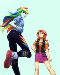 Size: 1500x1877 | Tagged: safe, artist:invisibleone11, rainbow dash, sunset shimmer, equestria girls, equestria girls series, g4, clothes, converse, duo, female, hand in pocket, hand on hip, hoodie, jacket, leather jacket, legs, long hair, open mouth, rainbutt dash, running, shoes, simple background, skirt, smiling, sneakers