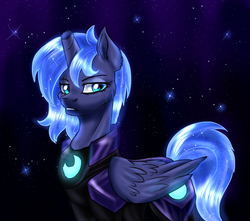 Size: 2014x1783 | Tagged: dead source, safe, artist:not-ordinary-pony, princess luna, alicorn, pony, g4, alternate universe, broken horn, clothes, ear fluff, female, horn, looking at you, mare, scar, solo, stars