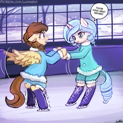 Size: 750x750 | Tagged: safe, artist:lumineko, oc, oc only, oc:nemsee, oc:opuscule antiquity, pegasus, pony, unicorn, bipedal, clothes, coat, female, ice skating, mare, open mouth, smiling, snow, winter