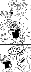 Size: 2271x5294 | Tagged: safe, artist:nairdags, adagio dazzle, sonata dusk, equestria girls, g4, my little pony equestria girls: rainbow rocks, 3 panel comic, black and white, clothes, comic, cute, dialogue, duo, duo female, female, grayscale, knife, mamadagio, meme, monochrome, open mouth, parody, ponified meme, ponified video, simple background, smiling, sonatabetes, speech bubble, white background, younger