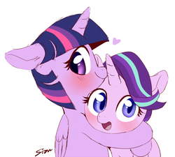 Size: 800x720 | Tagged: safe, artist:sion, starlight glimmer, twilight sparkle, alicorn, pony, unicorn, g4, blushing, colored pupils, cute, duo, female, floppy ears, glimmerbetes, happy, heart, hug, lesbian, looking at you, mare, ship:twistarlight, shipping, signature, simple background, smiling, twiabetes, twilight sparkle (alicorn), white background