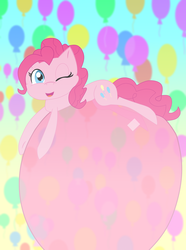 Size: 2322x3127 | Tagged: safe, artist:kassitheplantwarrior, pinkie pie, g4, balloon, balloon riding, female, floating, high res, looking at you, one eye closed, solo, that pony sure does love balloons, then watch her balloons lift her up to the sky, wink