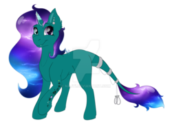 Size: 1024x730 | Tagged: safe, artist:najti, oc, oc only, pony, unicorn, adorable face, commission, cute, eye, eyelashes, eyes, flat colors, full body, galaxy, galaxy mane, happy, long hair, long mane, long tail, looking at you, mane, multicolored eyes, multicolored hair, no shading, piercing, raised hoof, smiling, solo, standing, tattoo
