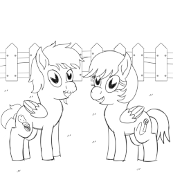 Size: 1000x1000 | Tagged: safe, artist:toyminator900, oc, oc only, oc:chip, oc:melody notes, pegasus, pony, 20s, animated, black and white, duo, fence, gif, grayscale, injured, monochrome