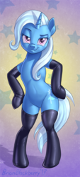 Size: 343x760 | Tagged: safe, artist:brianblackberry, trixie, pony, unicorn, semi-anthro, g4, abstract background, bipedal, clothes, featureless crotch, female, latex, latex socks, looking at you, mare, smiling, smirk, socks, solo, stockings, thigh highs