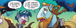 Size: 773x288 | Tagged: safe, idw, official comic, rockhoof, stygian, earth pony, pony, unicorn, g4, legends of magic #8, my little pony: legends of magic, spoiler:comic, beard, braid, cropped, facial hair, male, moustache, open mouth, speech bubble, stallion