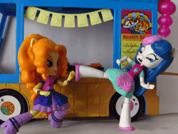 Size: 665x499 | Tagged: safe, artist:whatthehell!?, edit, adagio dazzle, bon bon, sweetie drops, equestria girls, g4, my little pony equestria girls: rainbow rocks, action pose, animated, boots, clothes, doll, equestria girls minis, fight, food, irl, photo, shoes, skirt, stop motion, sushi, toy, truck
