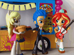 Size: 494x370 | Tagged: safe, artist:whatthehell!?, edit, derpy hooves, flash sentry, sunset shimmer, equestria girls, g4, animated, clothes, derp, doll, equestria girls minis, eqventures of the minis, food, guitar, irl, muffin, photo, shoes, singing, skirt, stop motion, sunset sushi, sushi, toy, truck, tuxedo