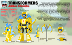 Size: 4094x2544 | Tagged: safe, artist:aleximusprime, dragon, robot, autobot, autobots in equestria, axe, bumblebee (transformers), crossover, dragonified, lance, solo, species swap, transformation, transformers, weapon