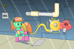 Size: 2993x1985 | Tagged: safe, artist:trackheadtherobopony, oc, oc only, oc:goldheart, pony, robot, robot pony, drone, fight, flail, pipe (plumbing), weapon