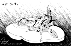 Size: 800x517 | Tagged: safe, artist:omny87, queen chrysalis, changeling, changeling queen, g4, beanbag chair, black and white, female, grayscale, grumpy, ink, inkvember, link in description, monochrome, pillow, sulking