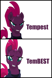 Size: 800x1190 | Tagged: safe, fizzlepop berrytwist, tempest shadow, g4, my little pony: the movie, angry, best pony, broken horn, cute, female, happy, horn, pun, simple background, solo, white background