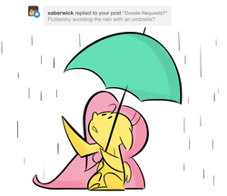 Size: 1920x1660 | Tagged: safe, artist:fluttershythekind, fluttershy, pegasus, pony, g4, ask, doodle, female, hoof hold, mare, rain, simple background, sitting, solo, tumblr, umbrella, white background