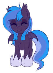Size: 700x955 | Tagged: safe, artist:lulubell, oc, oc only, oc:cricket, bat pony, clothes, comically large clothing, female, filly, freckles, offspring, parent:night watch, shoes, solo
