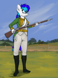Size: 1601x2129 | Tagged: safe, artist:marsminer, oc, oc only, oc:hooklined, anthro, boots, clothes, eqfl, female, gaiters, gun, musket, napoleonic wars, rifle, shoes, solo, uniform, weapon