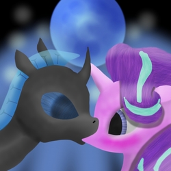 Size: 1024x1024 | Tagged: safe, artist:psychicpie, starlight glimmer, oc, oc:steel crescent, changeling, pony, unicorn, g4, blue changeling, blushing, canon x oc, duo, female, fin, kissing, male, moon, shipping, straight