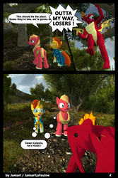 Size: 1400x2100 | Tagged: safe, artist:jamarilafouine, big macintosh, garble, sunburst, dragon, comic:draconic potion, g4, 3d, comic, dialogue, english, membranous wings, multicolored hair, wings