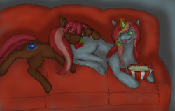 Size: 3325x2112 | Tagged: safe, artist:wesleyfoxx, derpibooru exclusive, oc, oc only, oc:dusk sunrich, oc:fade, earth pony, pony, unicorn, butt pillow, colored, couch, female, food, high res, large butt, levitation, lying down, magic, male, popcorn, smiling, straight, telekinesis