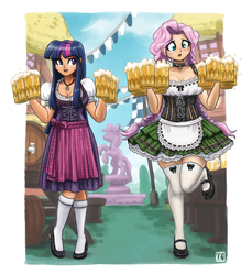 Size: 1600x1744 | Tagged: safe, artist:king-kakapo, fluttershy, twilight sparkle, human, g4, alcohol, apron, beer, blushing, braid, braided pigtails, breasts, busty fluttershy, choker, clothes, cute, dirndl, dress, duo, duo female, female, humanized, jewelry, mary janes, moe, mug, necklace, oktoberfest, pigtails, shoes, shyabetes, skirt, socks, stockings, thigh highs, twiabetes, zettai ryouiki