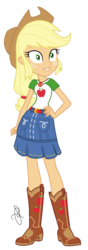 Size: 724x2048 | Tagged: safe, artist:ilaria122, applejack, equestria girls, g4, my little pony equestria girls: better together, belt, boots, clothes, cowboy boots, cowboy hat, cute, denim skirt, female, freckles, hand on hip, hat, not a vector, signature, simple background, skirt, solo, stetson, transparent background