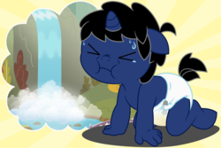 Size: 9000x6000 | Tagged: safe, artist:evilfrenzy, oc, oc only, oc:frenzy, anthro, unguligrade anthro, ><, absurd resolution, accident, age regression, anthro oc, baby, diaper, eyes closed, foal, pissing, solo, urine, wet diaper, wetting