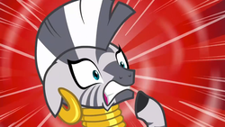 Size: 2208x1242 | Tagged: safe, screencap, zecora, zebra, g4, it isn't the mane thing about you, abstract background, female, horrified, solo, sunburst background