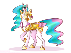 Size: 1600x1200 | Tagged: safe, artist:joepegasus, artist:rimmi1357, princess celestia, centaur, anthro, taur, unguligrade anthro, g4, absolute cleavage, alitaur, anthro centaur, armor, belly button, breasts, centaurlestia, cleavage, cute, cutie mark, horn, horseshoes, queen celestia, raised hoof, simple background, tongue out, transparent background, wing armor, wings