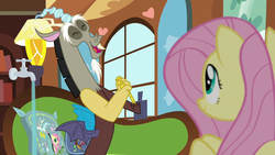 Size: 1280x720 | Tagged: safe, screencap, discord, fluttershy, pony, discordant harmony, g4, faucet, fluttershy's cottage (interior)