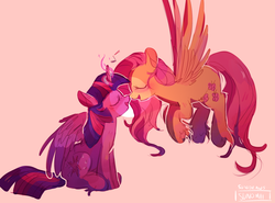 Size: 2194x1622 | Tagged: safe, artist:sunomii, fluttershy, twilight sparkle, alicorn, pegasus, pony, g4, duo, female, flying, glowing horn, horn, lesbian, mare, music notes, nuzzling, open mouth, ship:twishy, shipping, simple background, spread wings, twilight sparkle (alicorn), unshorn fetlocks, vulgar description, wings