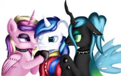 Size: 2749x1724 | Tagged: safe, artist:qbellas, princess cadance, queen chrysalis, shining armor, alicorn, changeling, pony, unicorn, g4, alternate hairstyle, choker, ear piercing, earring, eyebrow piercing, eyeshadow, female, goth, horn, horn piercing, jewelry, licking, lip piercing, lucky bastard, makeup, male, mare, one eye closed, piercing, polyamory, shining armor gets all the mares, ship:chrysarmordance, ship:shining chrysalis, ship:shiningcadance, shipping, simple background, spiked choker, stallion, straight, tongue out, transparent background, trio