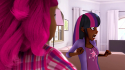 Size: 2048x1152 | Tagged: safe, artist:the-75th-hunger-game, edit, edited screencap, pinkie pie, twilight sparkle, human, g4, alya césaire, clothes, cutie mark on clothes, dark skin, flannel, human coloration, humanized, implied flurry heart, jacket, marinette dupain-cheng, miraculous ladybug, oh crap, plaid shirt, screaming, shirt, startled, t-shirt, this will not end well