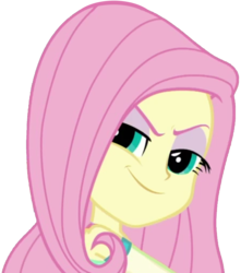 Size: 1811x2047 | Tagged: safe, artist:thebarsection, fluttershy, a little birdie told me, equestria girls, g4, my little pony equestria girls: better together, evil grin, female, lidded eyes, looking at you, looking back, pure unfiltered evil, simple background, smiling, smug, smugshy, solo, transparent background